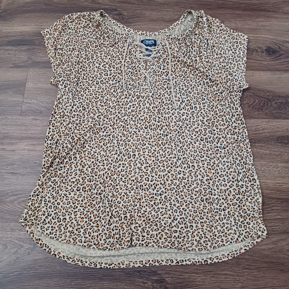 Chaps Top Women XL Brown Leopard‎ Animal Print Lace Up